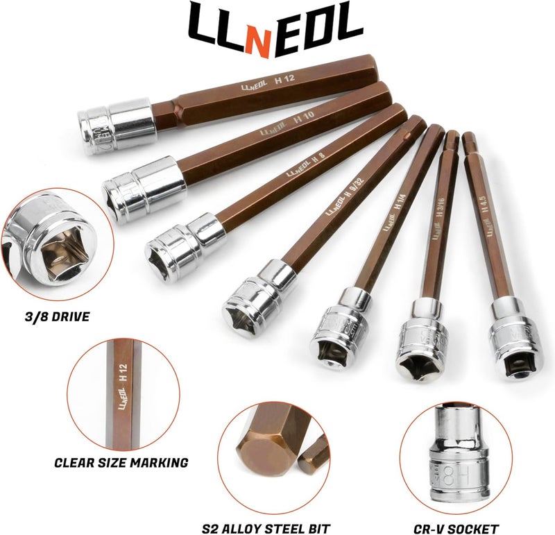 LLNEDL 3/8 Inch Drive Long Allen Hex Bit Socket Set, 19-Piece Hex Head Standard SAE & Metric Sockets (1/8"-3/8", 3-12mm), S2 Alloy Steel Durable Tools for Mechanics - Image 3